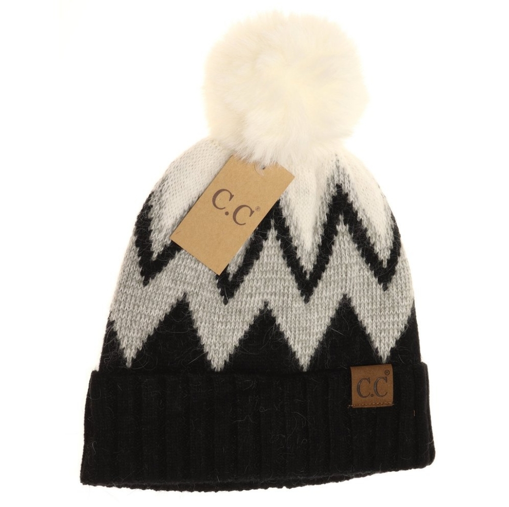 CC Beanie, Chevron with faux fur beanie